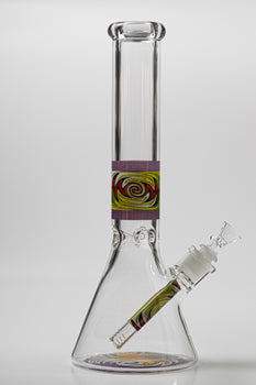 14-inch classic beaker style glass with a distinctive wig wag design, ready to elevate your sessions with style. Now available for sale, this bong style glass is perfect for weed and dab they come in a pink / red / green accent