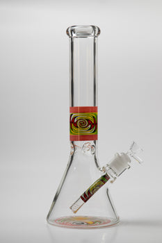 14-inch classic beaker style glass with a distinctive wig wag design, ready to elevate your sessions with style. Now available for sale, this bong style glass is perfect for weed and dab they come in a pink / red / green accent