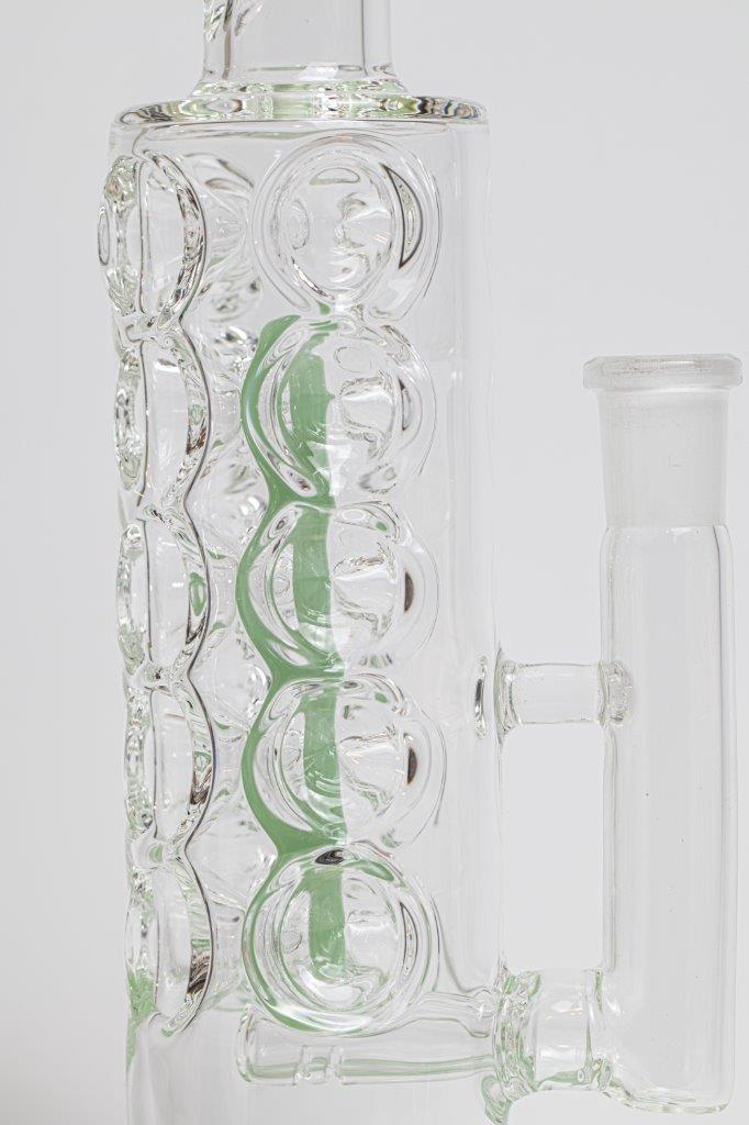 11-inch Trypophobia Water Pipe – a bong designed for weed and dabs. For sale now, this straight shooter glass piece showcases a Trypophobia design, a 14MM male bowl piece for weed, and a bent down stem, 