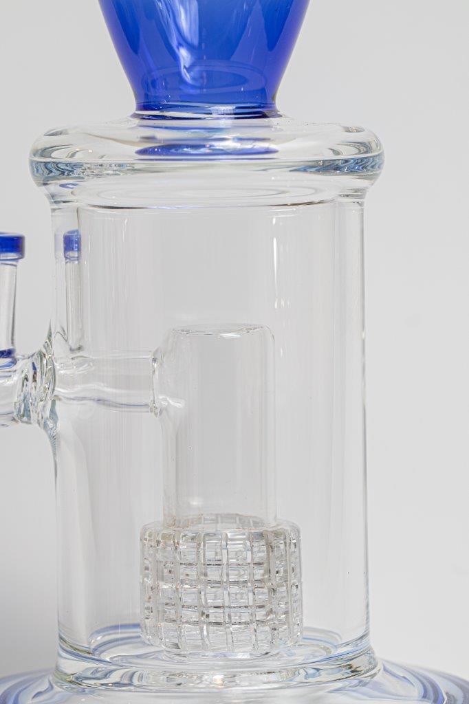 10-inch Blue Water Bong equipped with a Matrix Percolator – a stylish water bong crafted for weed and dabs. Now available for sale, this piece includes a 14MM male bowl piece for weed, a bent down stem with a bubble percolator, ensuring each hit is a cool, smooth, and flavorful experience