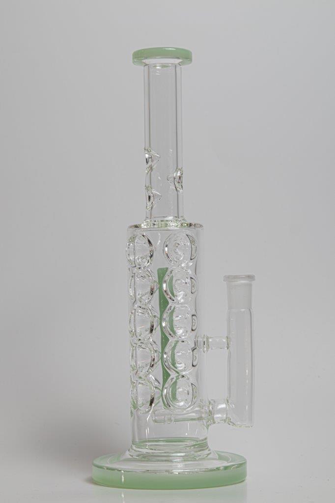11-inch Trypophobia Water Pipe – a bong designed for weed and dabs. For sale now, this straight shooter glass piece showcases a Trypophobia design, a 14MM male bowl piece for weed, and a bent down stem, 