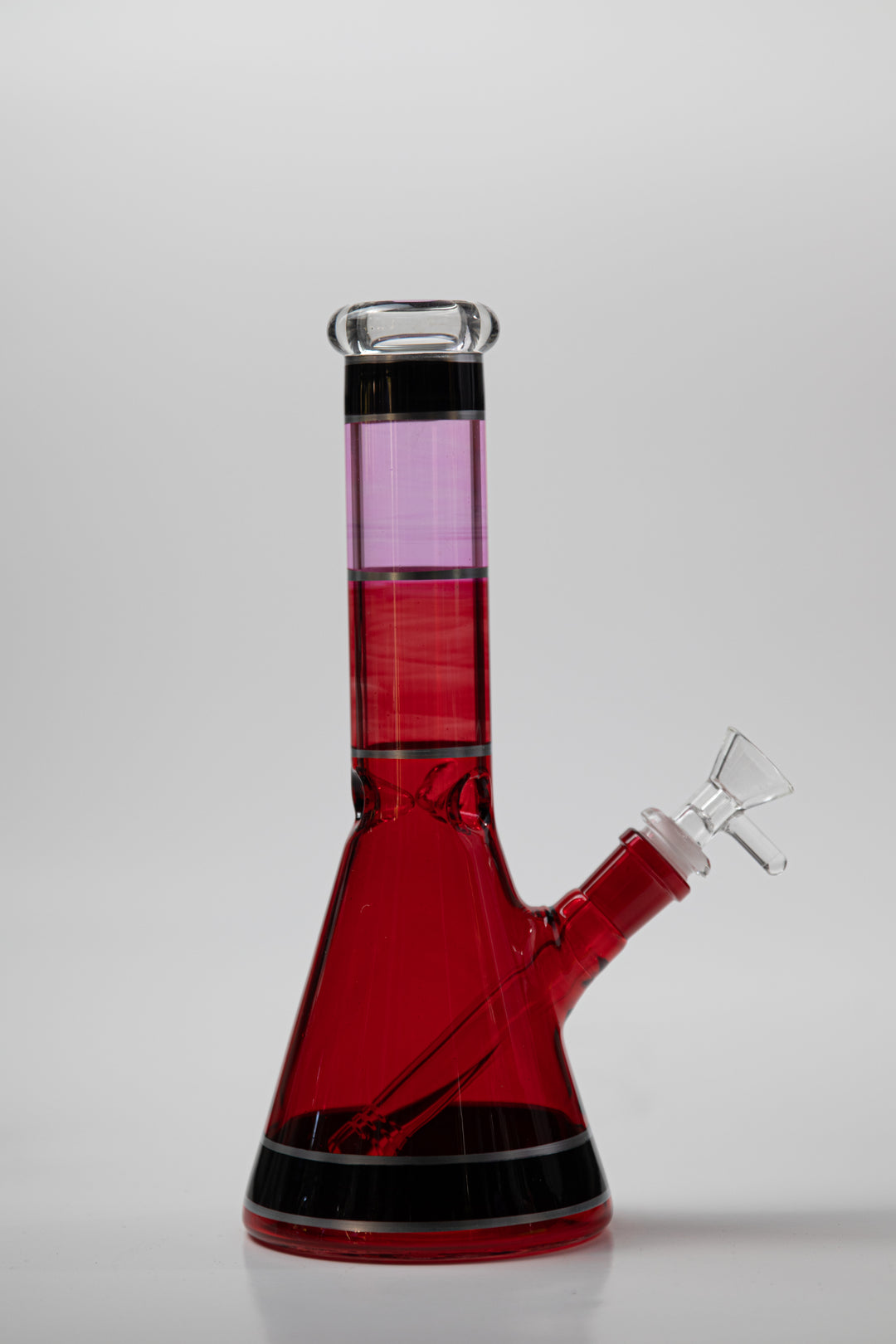 Beaker shape classic bong black mouth opening with a pink/ red body black base . Straight down stem Comes with a 14 mm bowl piece for weed