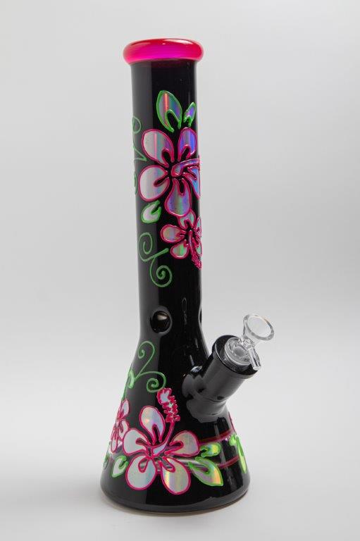 MAJESTIC BLACK - 14" EXTRA HEAVY GLOWING BEAKER BONG - FLORAL THEMED
