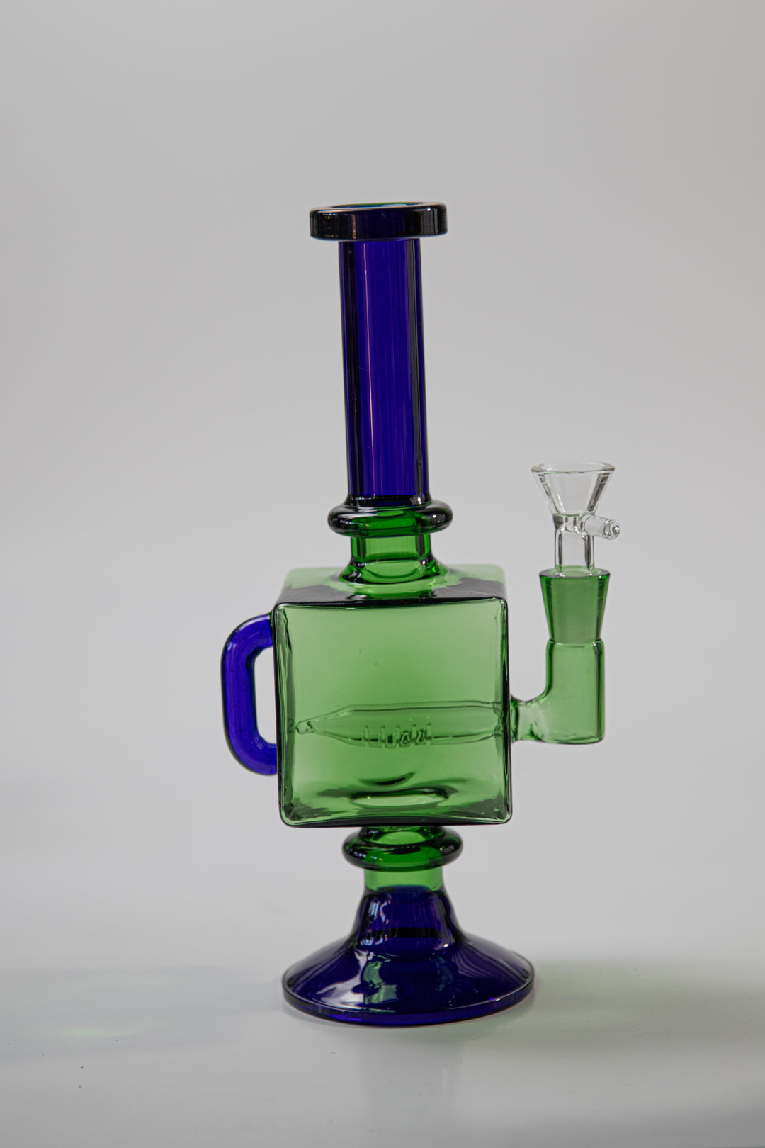 10-inch Cube Shape base Water pipe rig with a 14mm weed bowl male piece with a long skinny mouth opening with a blue bottom 