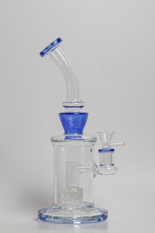 10-inch Blue Water Bong equipped with a Matrix Percolator – a stylish water bong crafted for weed and dabs. Now available for sale, this piece includes a 14MM male bowl piece for weed, a bent down stem with a bubble percolator, ensuring each hit is a cool, smooth, and flavorful experience