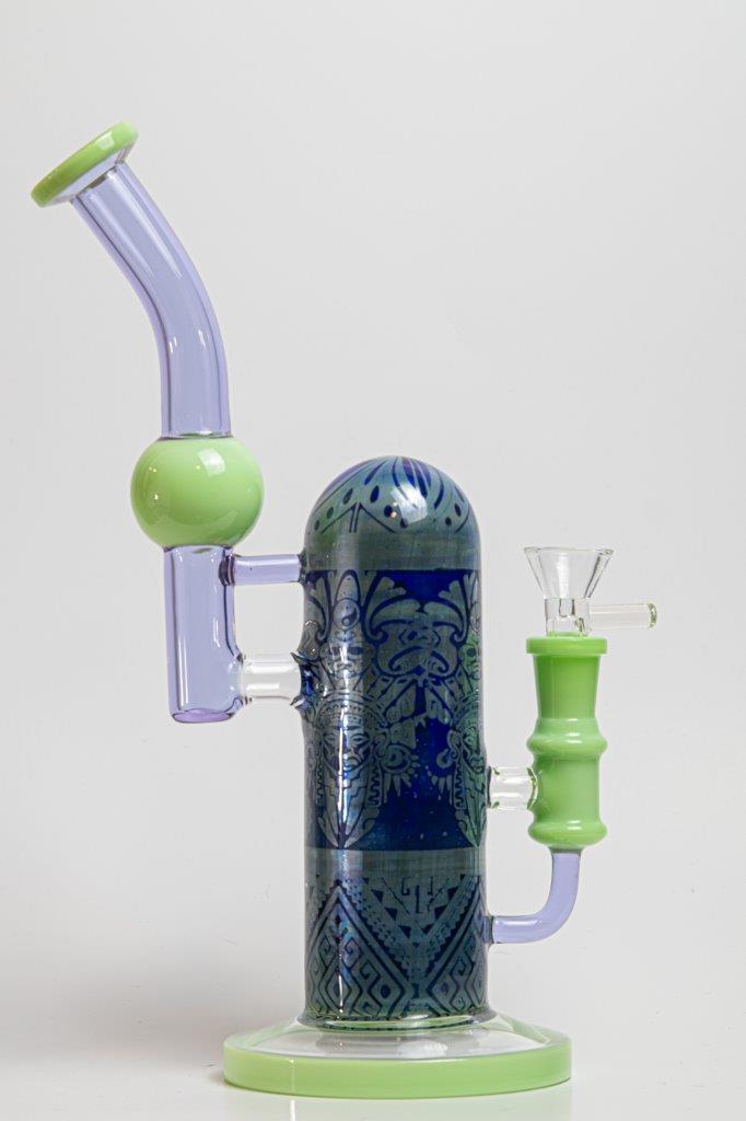 10-inch Maya Scripture Water Pipe – a water rig for weed and dabs with intricate design details inspired by Maya scripture. Now available for sale, this distinctive piece includes a 14MM male bowl piece for weed and a bent down stem