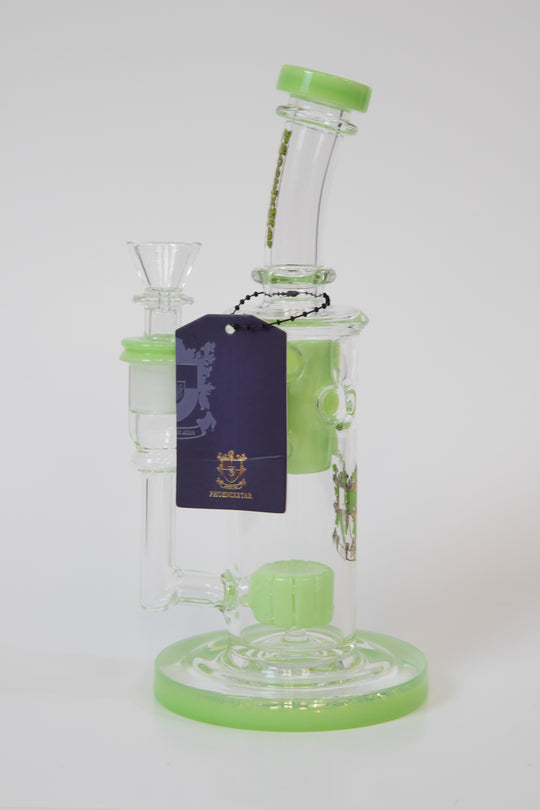 Phoenix Straight Fab 8' – a sleek and unique water bong from the renowned Phoenix brand. Crafted in 8-inch straight glass and now for sale, this piece is perfect for weed and dabs. The percolator ensures a smooth smoking experience, preventing water splashback, cooling the smoke down, and providing extra filtration. With the included 14 mm bowl for weed and tree perc bent down stem, every hit is a heightened experience. They come in green or pink