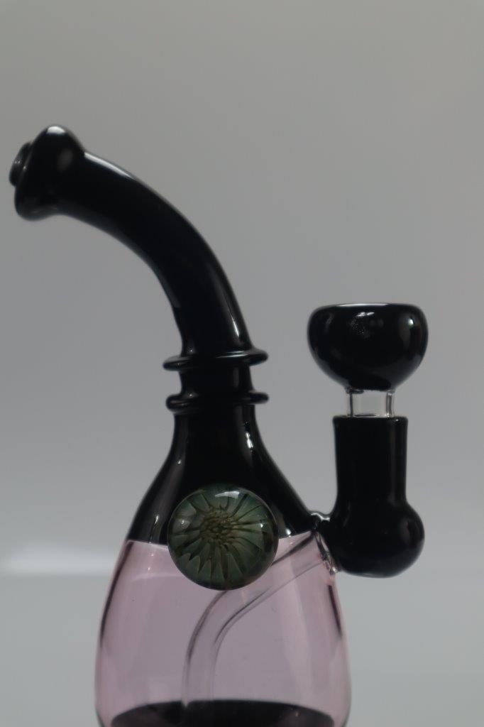 Black curved stem bubbler water pipe witblack dry herb bowl male with very light pink base and black bottom
