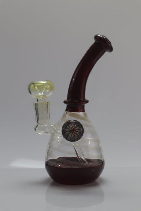 dark red curved stem bubbler water pipe with a clear weed bowl male piece with clear base red bottom