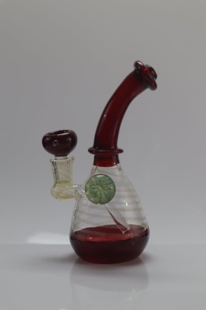 dark red curved stem bubbler water pipe with a red weed bowl male piece with clear base red bottom