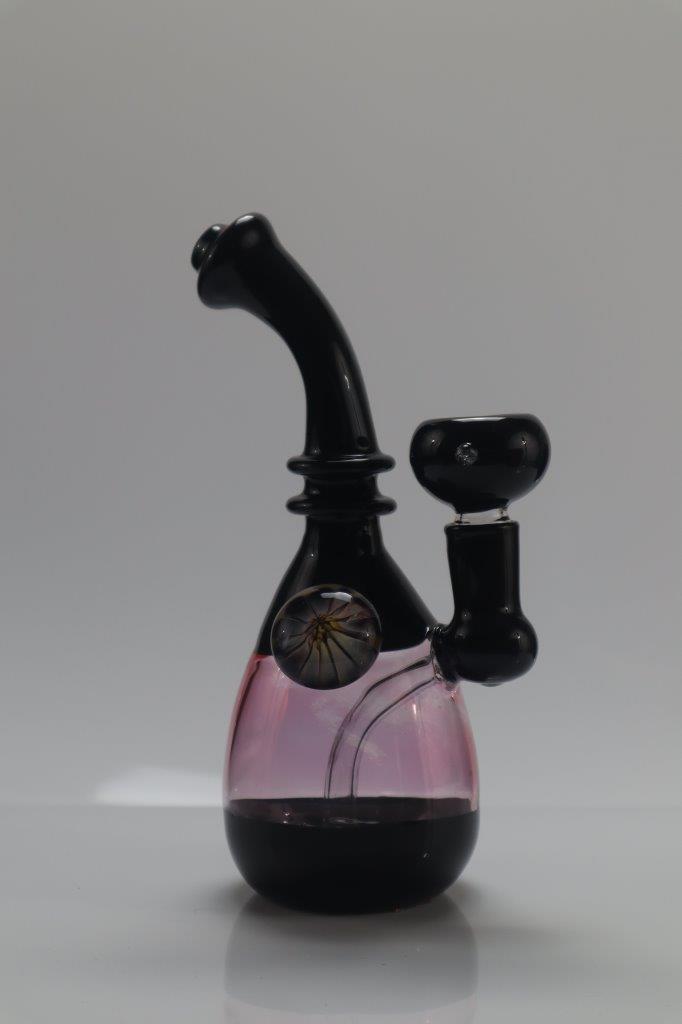 Black curved stem bubbler water pipe with black dry herb bowl male with very light pink base and black bottom