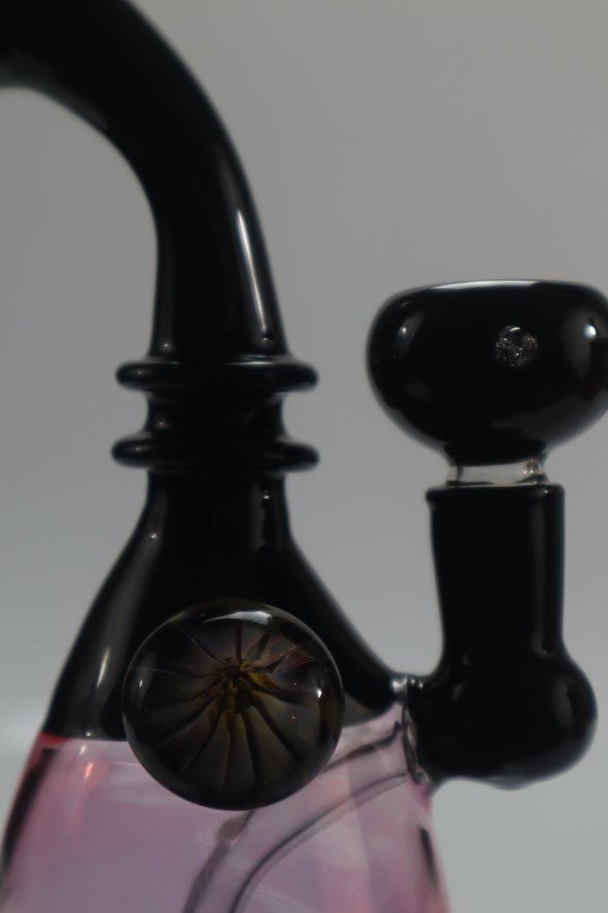 Black curved stem bubbler water pipe withblack dry herb bowl male with very light pink base and black bottom
