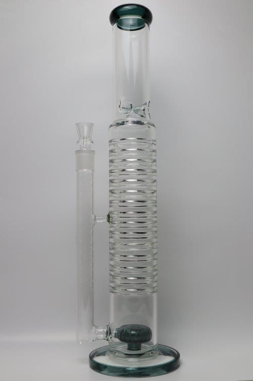 18-inch Slinky Water Pipe – a straight glass marvel designed for weed and dabs in water bong style glass. Now available for sale, this unique piece includes a 14MM male bowl and a bent bubbler down stem. The integrated percolator offers a smooth smoking experience, preventing water splashback, cooling the smoke down, and providing extra filtration