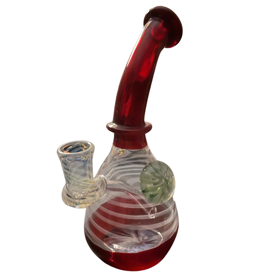 dark red curved stem bubbler water pipe  with clear strip base red bottom