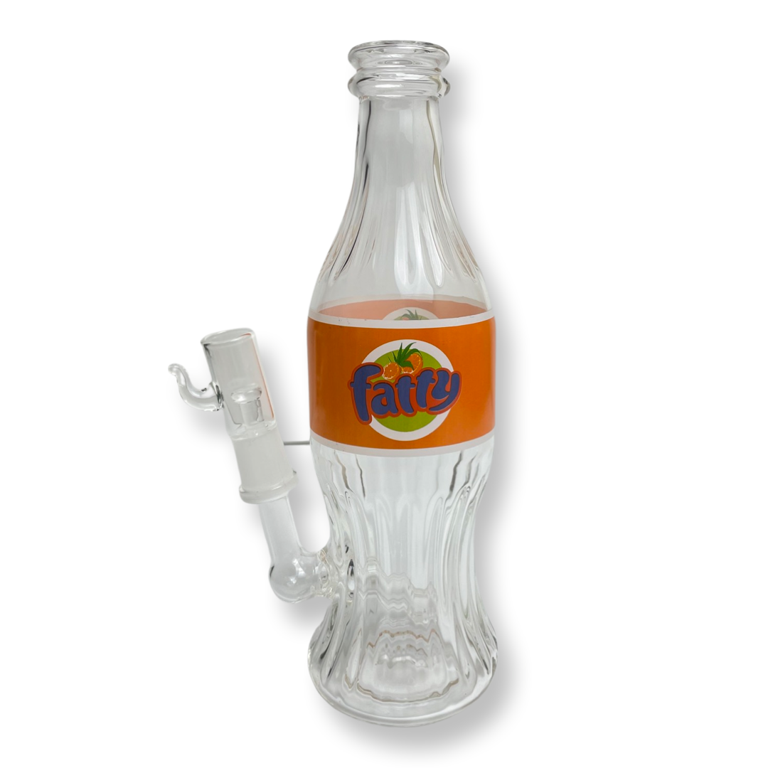 Clear soda shape water pipe / rig 8.75 inch with female standard 14 mm weed bowl piece it has the fatty logo orange 