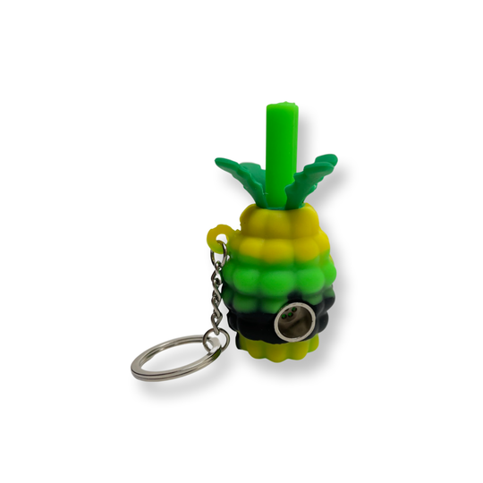 2.5-inch Silicone Pineapple Pipe Keychain – the ultimate hand-held delight for dry herb or marijuana. Don't miss out – it's for sale! They come in green with yellow , blue with red , green with white