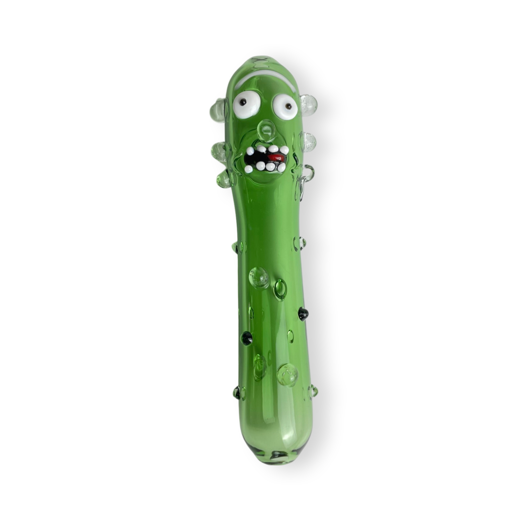 4.5-inch Pickle Rick Hand Pipe – a weed companion shaped in homage to the iconic character. With a unique spoon-style glass design , this piece is now for sale