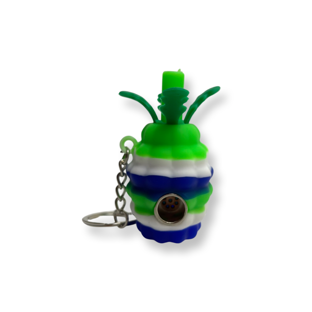 2.5-inch Silicone Pineapple Pipe Keychain – the ultimate hand-held delight for dry herb or marijuana. Don't miss out – it's for sale! They come in green with yellow , blue with red , green with white