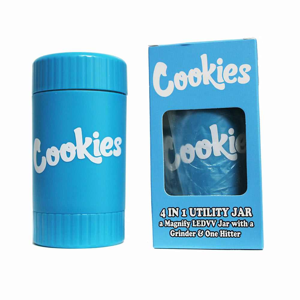 We have Orange/red/blue/black/yellow/ purple Cookies 4-in-1 Utility Jar – a stoner's must-have for sale now. Exclusively for dry herb use, this affordable jar features a built-in LED light, magnifier, pipe, and storage with a grinder for weed