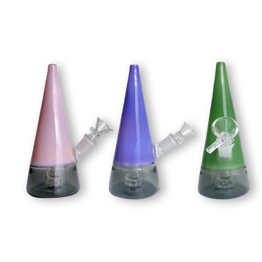 pink , blue , green cone shape water bongs with a shower head perc . also includes dry herb bowl piece clear base with a flat sufac